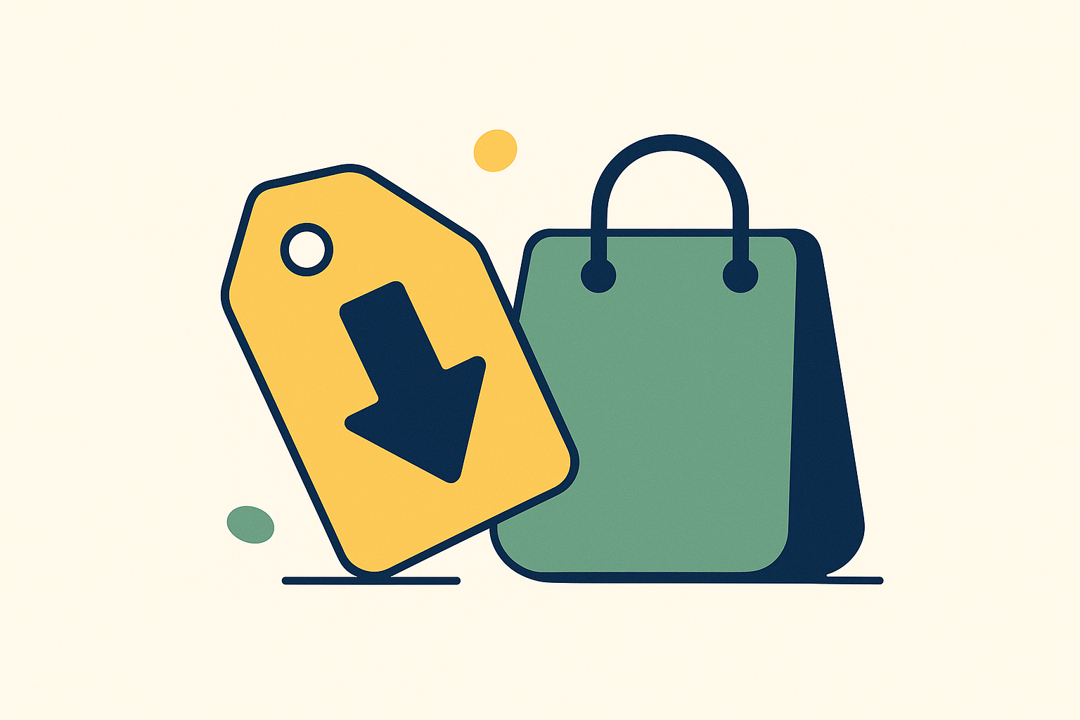 A price tag with a downward arrow beside a shopping bag