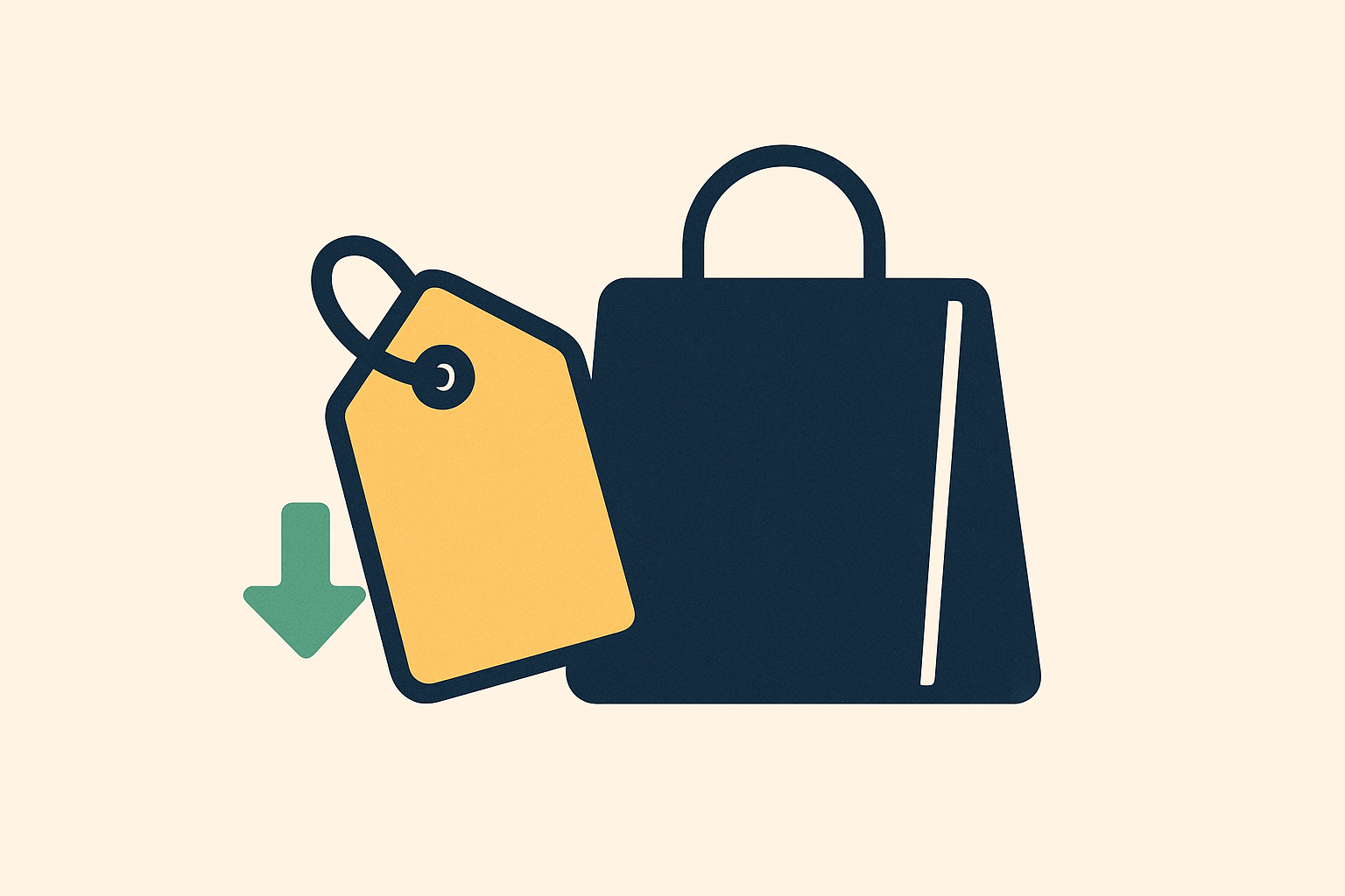 A price tag and shopping bag with a downward arrow, representing a percentage discount