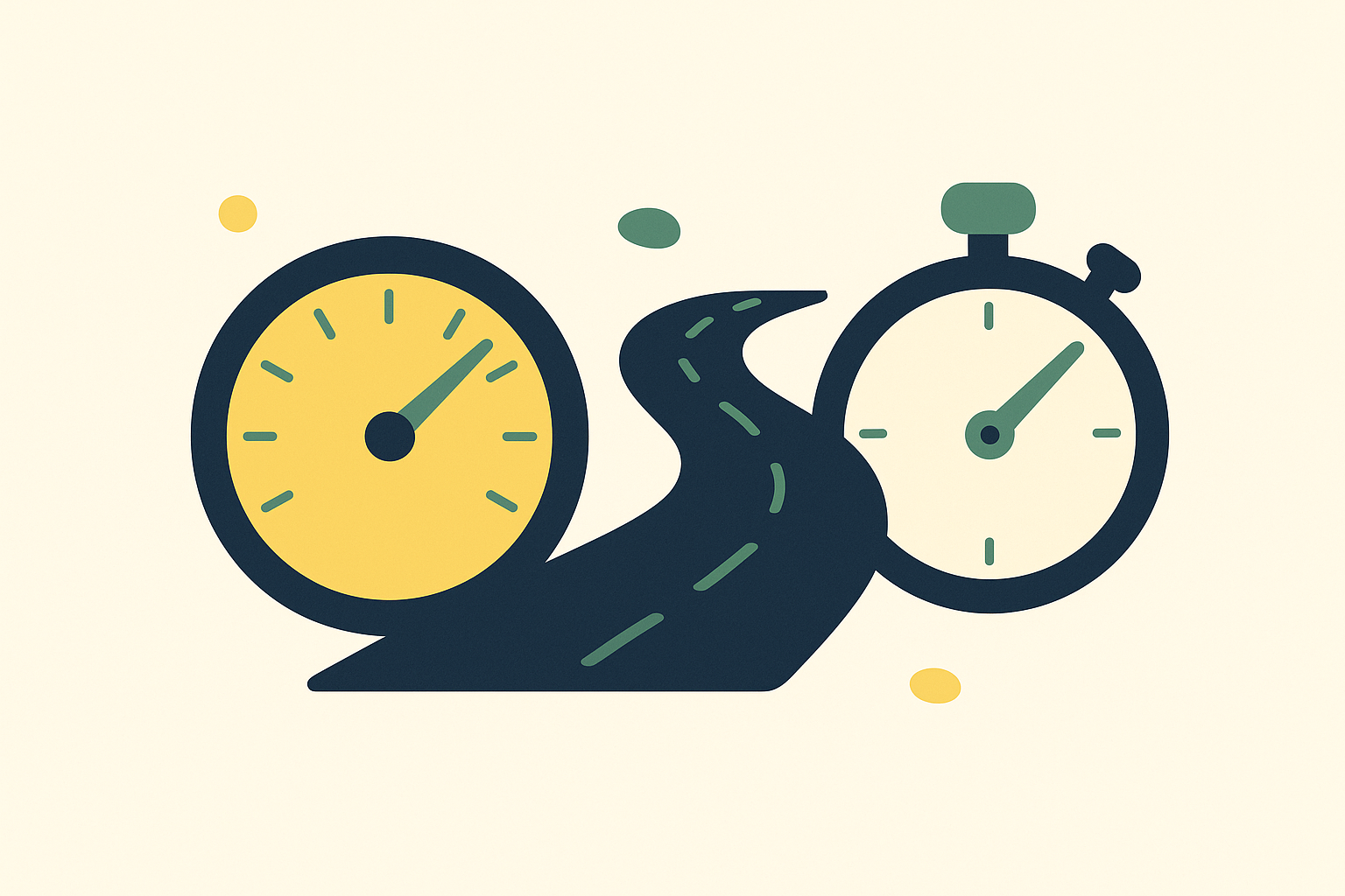 A speedometer, a winding road, and a stopwatch arranged together