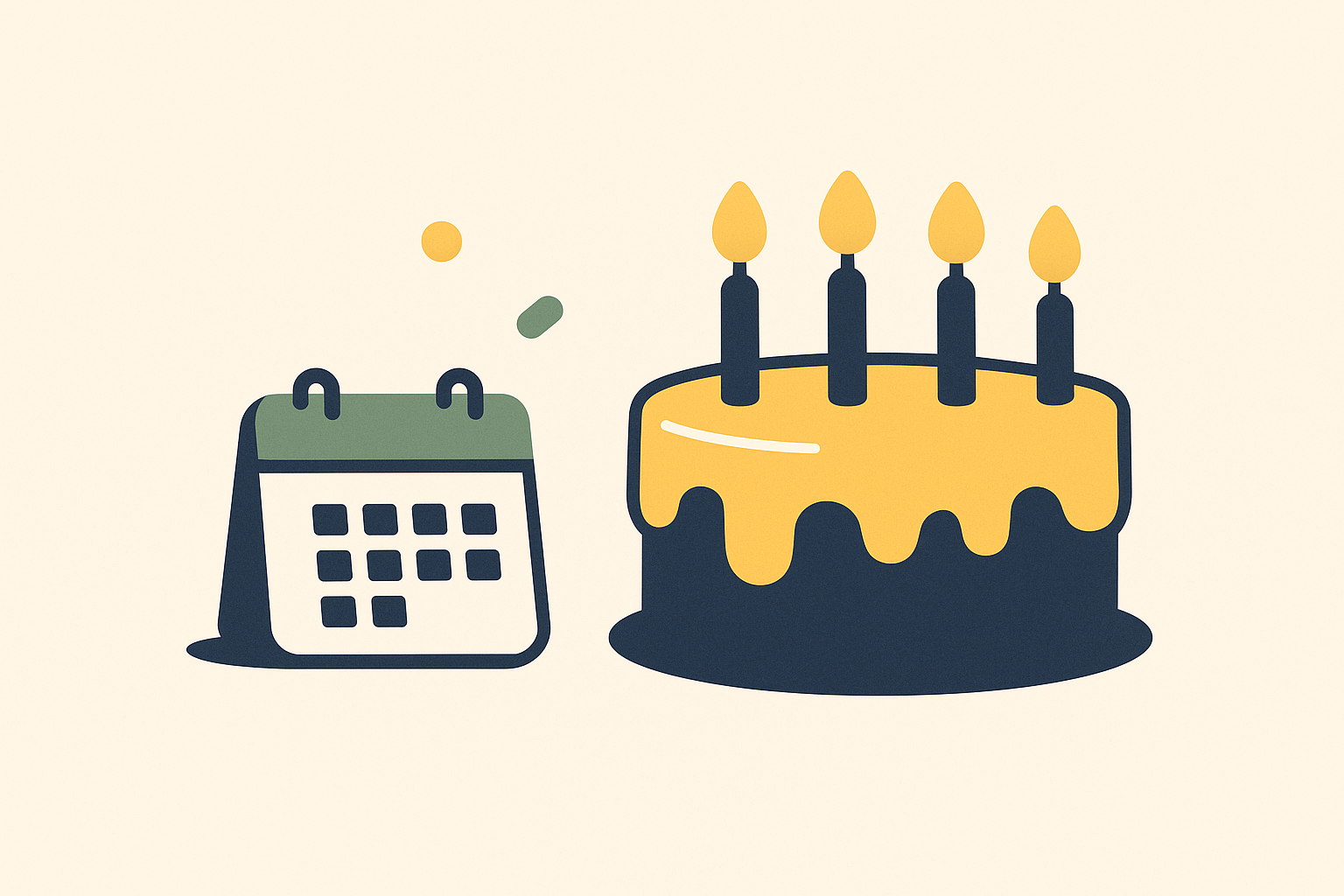 A birthday cake with unlit candles beside a small calendar