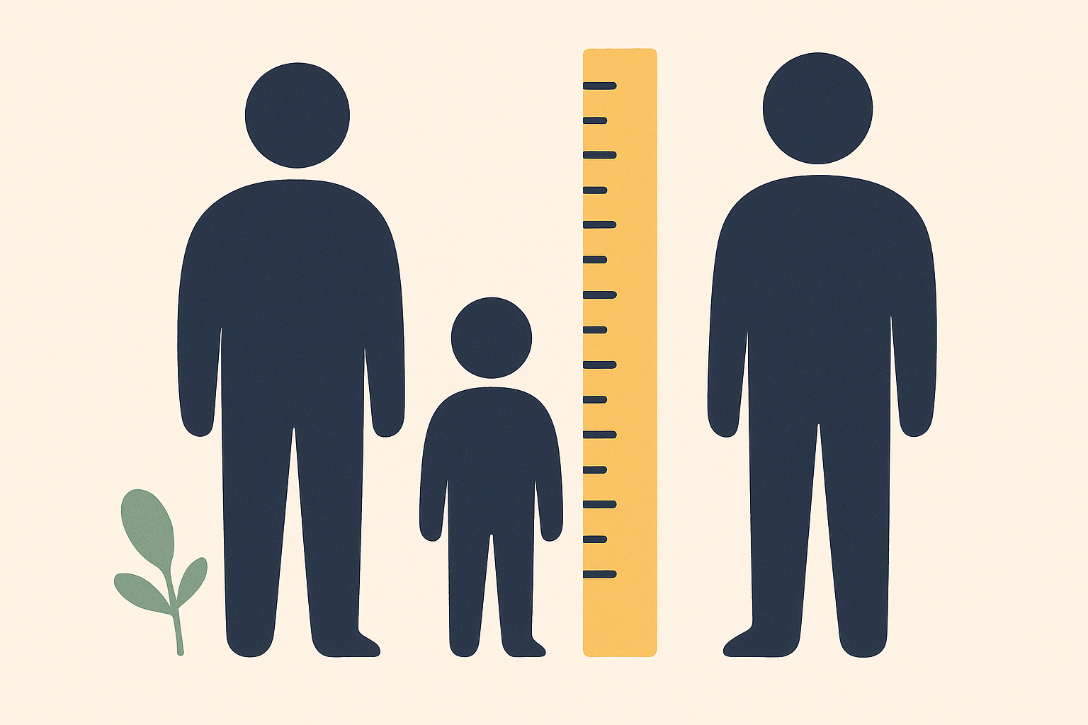 Two adult silhouettes of different heights beside a smaller child silhouette and a height ruler