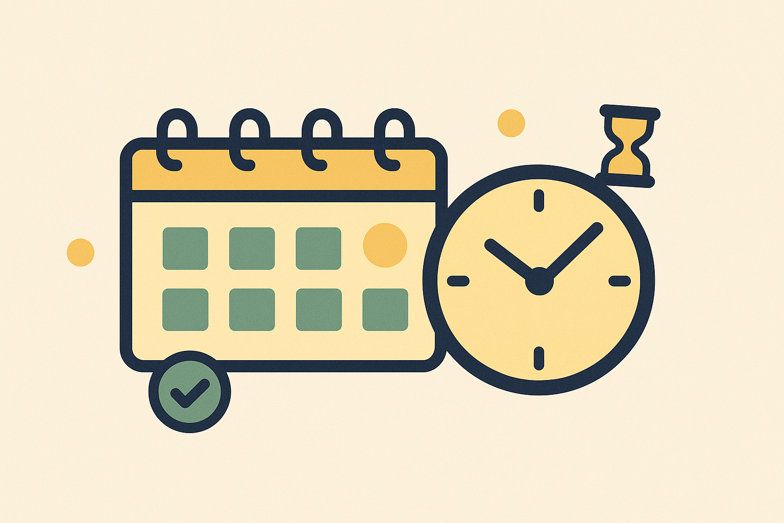 A wall calendar and a clock surrounded by small floating date and time icons