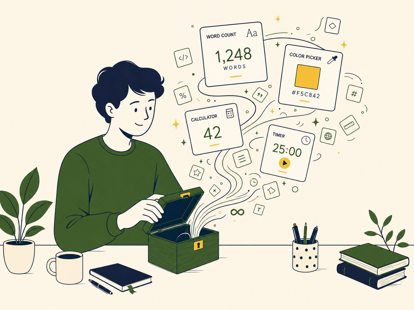 A Street-Smart Operator at a laptop showing 12,450 words counted, giving a thumbs up, with app icon cards floating around and 'Just get it done.' in a cloud above